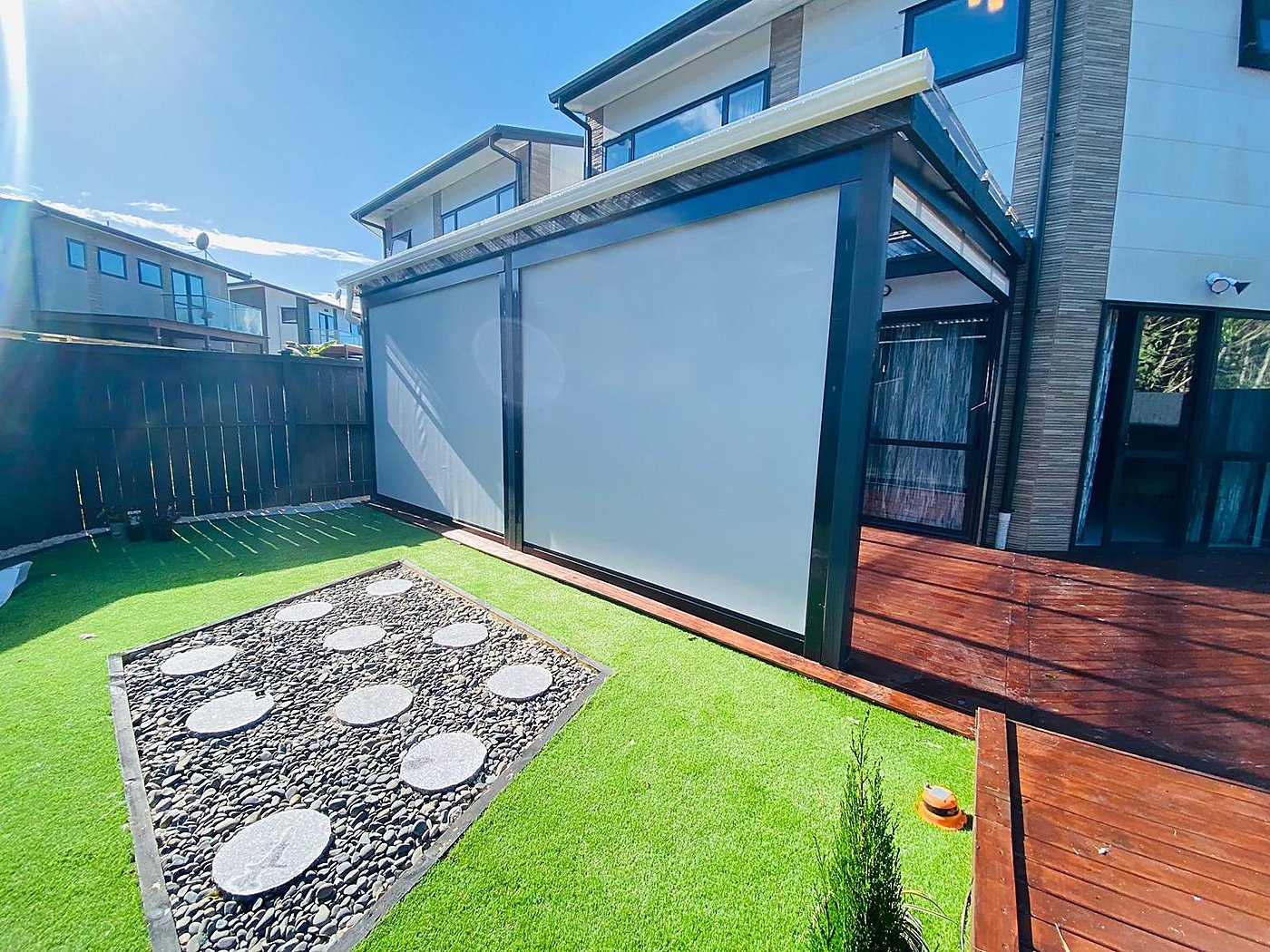 Outdoor blinds with canopy side view