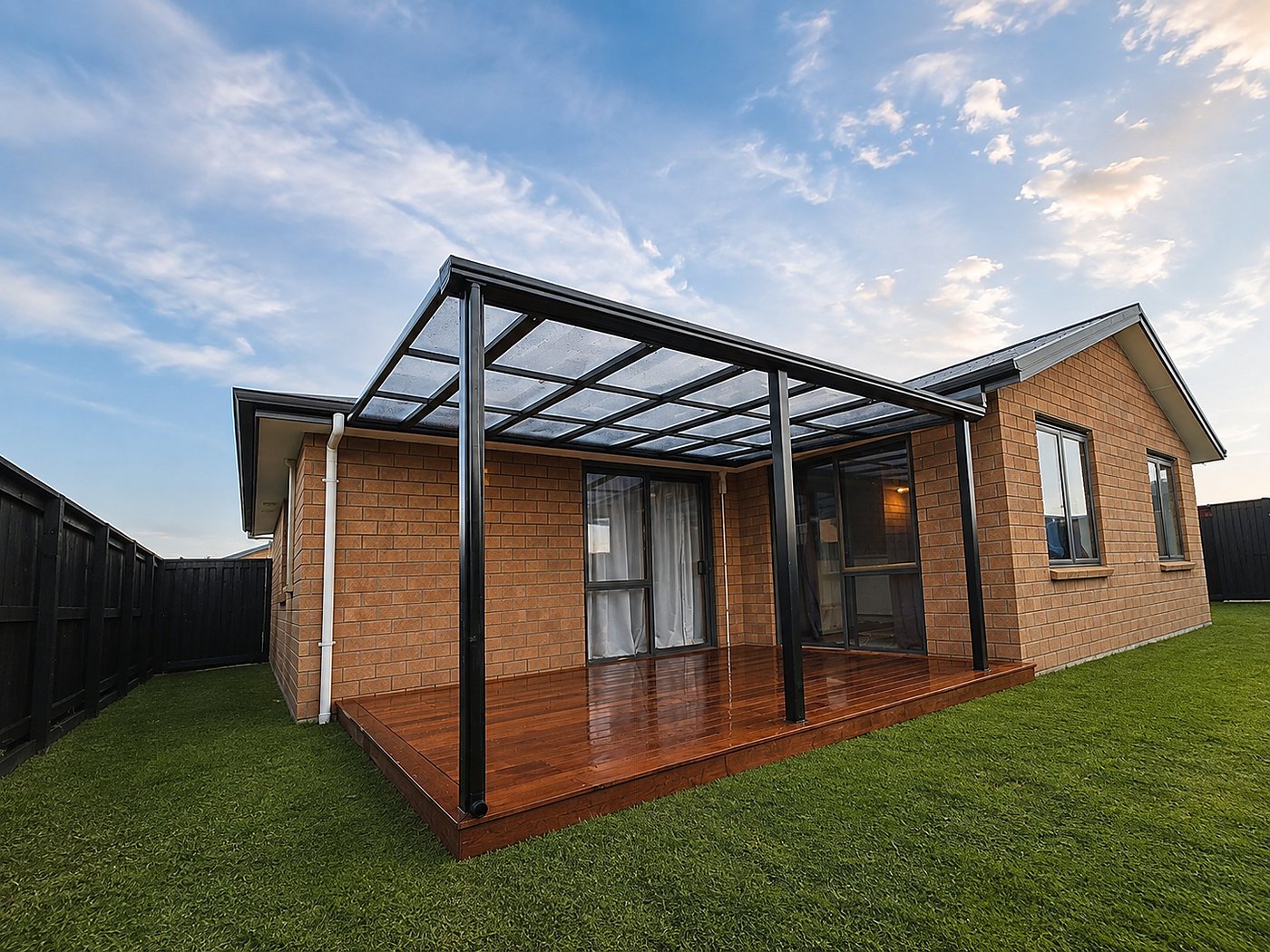 Canopy on brick house at sunset
