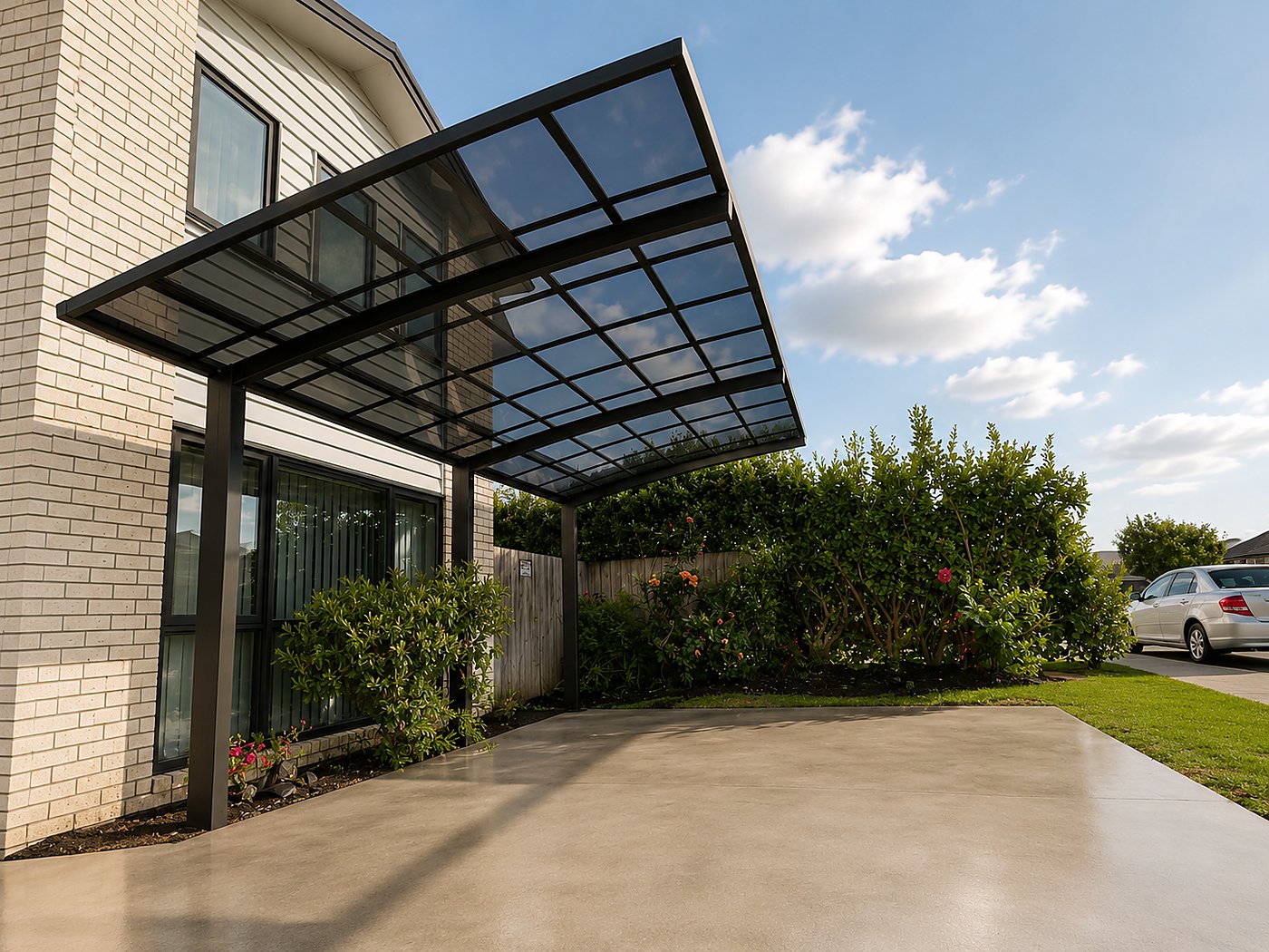 Premium flat glass carport beside modern brick home