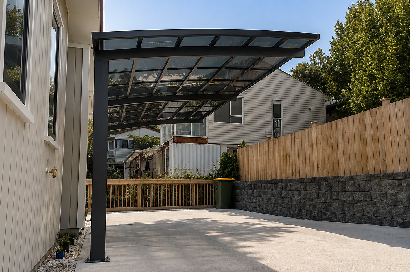 Single-post curved glass carport on concrete driveway