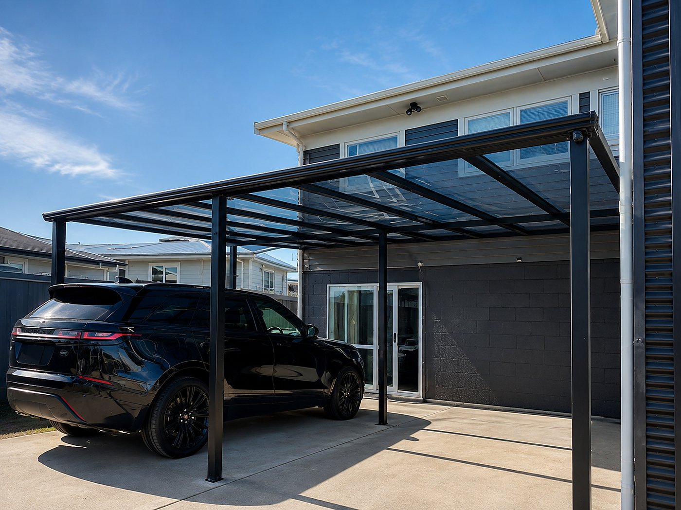 Flat glass carport sheltering luxury SUV at dark grey home
