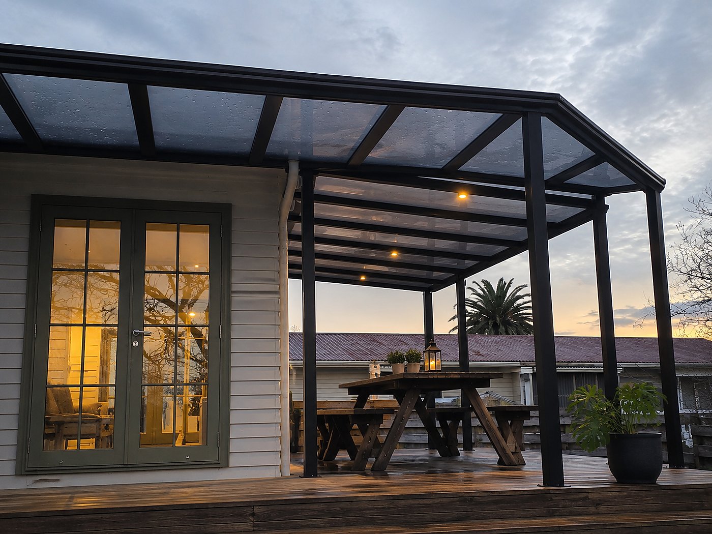 Apex Pergola curved roof at sunset