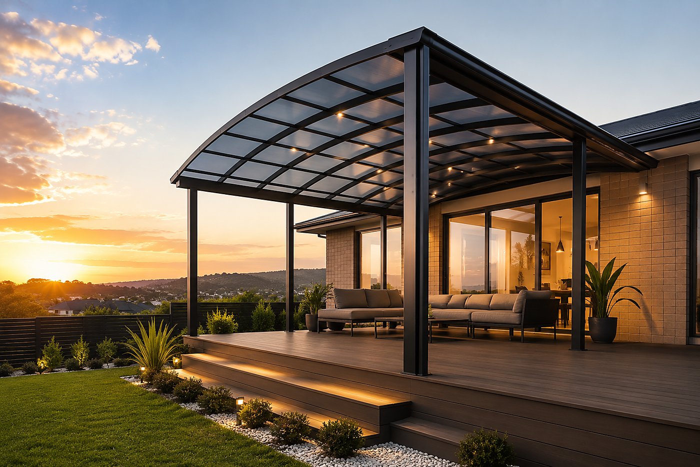 Apex Pergola evening installation with dining setting
